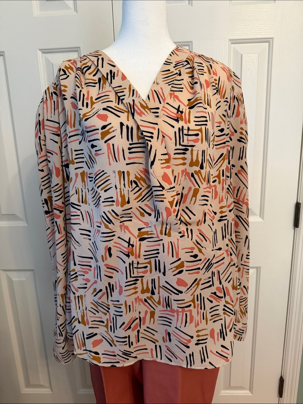 CAbi Cream V-Neck Blouse with Black, Pink and Mustard Brushstroke Print